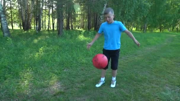 Dziesięciolatek bawi się piłką na polanie w parku. Piłka nożna. Zwolniony ruch — Wideo stockowe