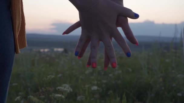 Mani femminili che si collegano sullo sfondo del cielo serale — Video Stock