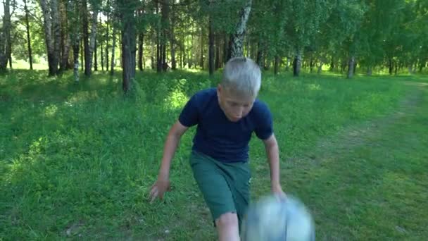 Un niño de 12 años juega con una pelota en un claro en el parque. Fútbol callejero. Movimiento lento — Vídeo de stock