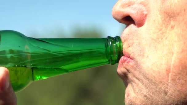 Мужские губы и шея бутылки пива крупным планом. Человек пьет пиво из зеленой стеклянной бутылки — стоковое видео
