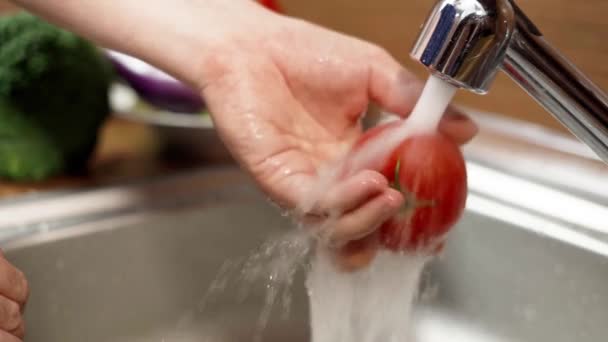 Un hombre lava un tomate bajo el agua corriente de un grifo. — Vídeo de stock