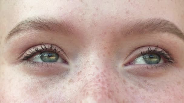 Grå ögon. Närbild av en fräknig flicka. Ung kvinna med fräknar och attraktivt utseende. Naturlig skönhet med fräknar — Stockvideo