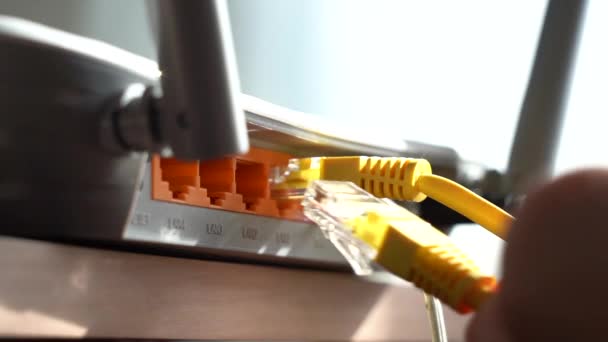Připojení kabelu sítě Internet ze směrovače. Připojit k Internetu. — Stock video