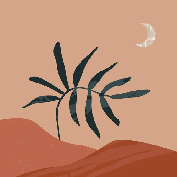 Bitki yaprağı, arka planda turuncu desenli düz terracotta çizimi. Minimum boho basit poster tasarımı. Vektör — Stok Vektör