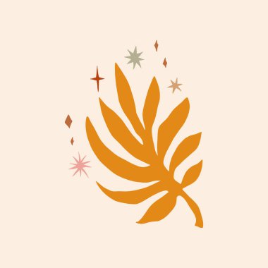 Bitki yaprağı, arka planda turuncu düz figür. Asgari boho basit baskı tasarımı. Vektör 