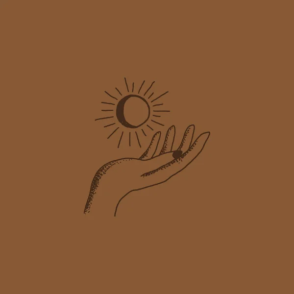 Boho logo main tenant la lune et le soleil — Image vectorielle