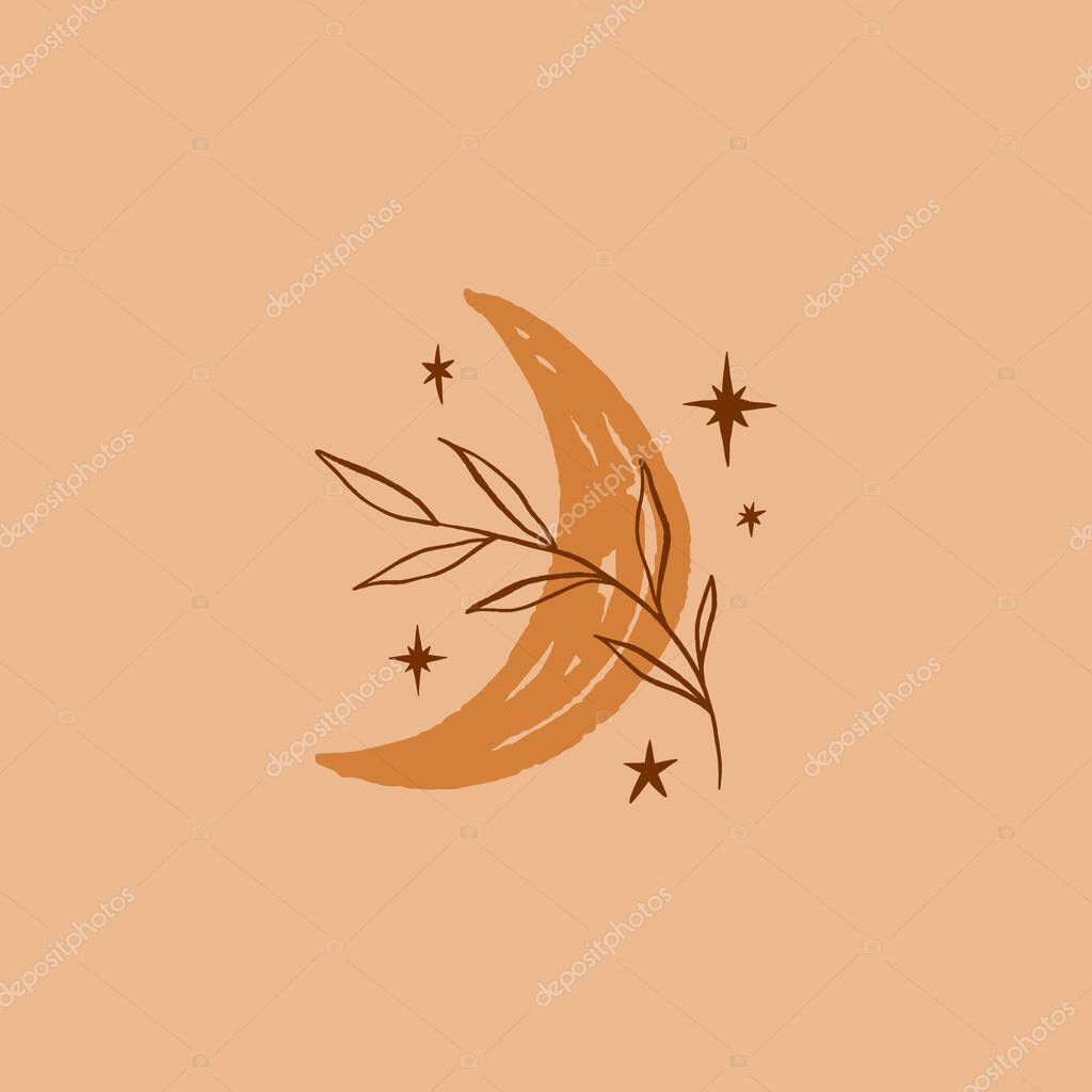 Boho hand drawn moon and plant leaf art. Vector illustration