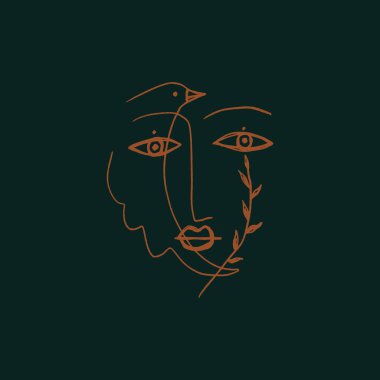 Çizgi sanatı modern minimalist kadın sanat tasarımı baskısıyla karşı karşıya. Vektör illüstrasyonu