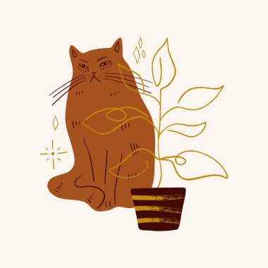 Vektör modern kedi ve vazo çizimi, ev bitkisi.