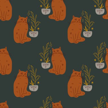 Şirin kediler ve bitkiler evlerinde pürüzsüz desenler. Samimi titreşimler.