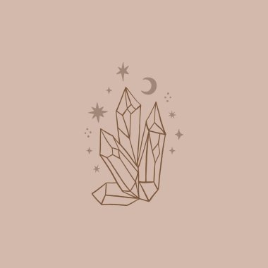Çizgi sanatı kristali, sihirli şifalı boho meditasyon konsepti.