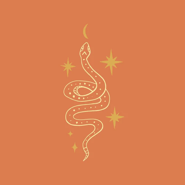 Arte mágico de línea de serpiente estrellada, animal adornado, diseño boho. — Archivo Imágenes Vectoriales