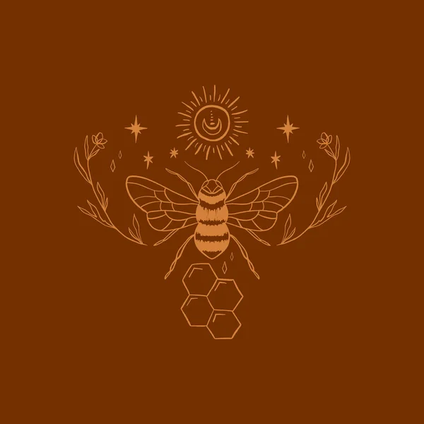 Logo ou étiquette d'art de ligne d'abeille sacrée, style magique boho. — Image vectorielle