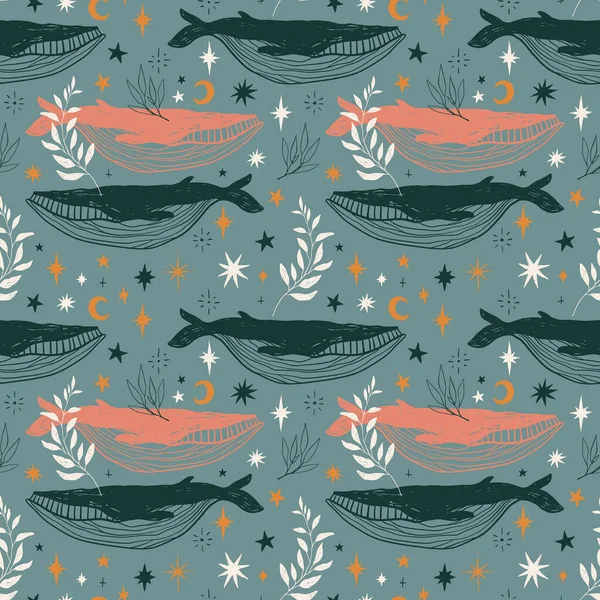 Lindo mágico boho ballenas diseño de patrón sin costuras. — Vector de stock