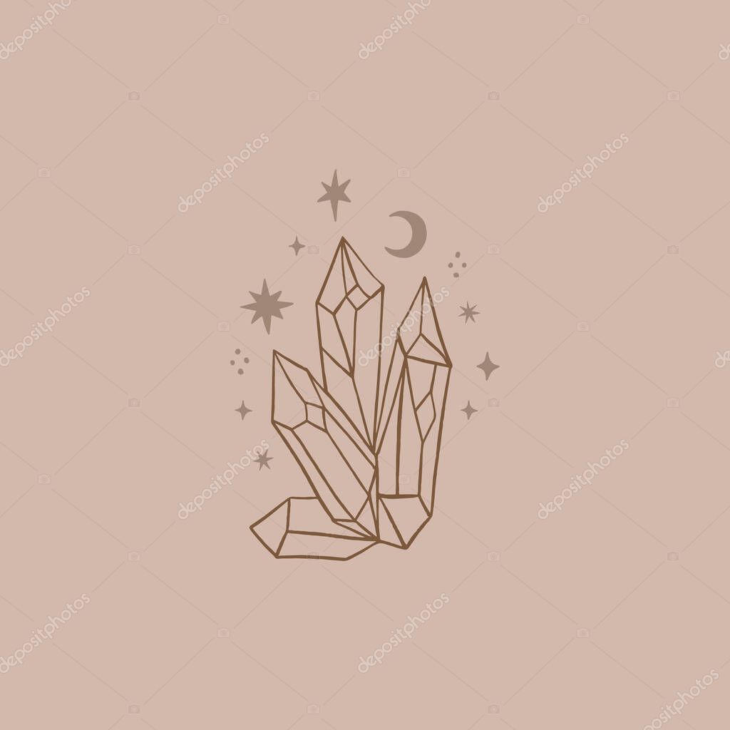 Line art crystal, magical healing boho meditation concept. Vector illustration