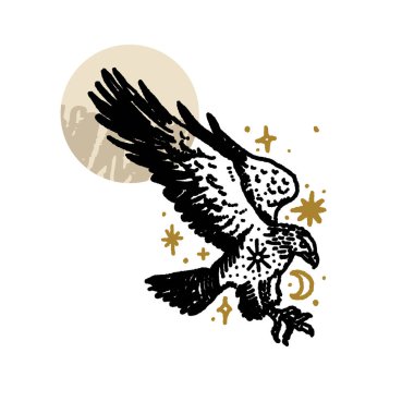 Kuş boho kartalı büyülü vintage sıkıntılı sanat sembolü veya etiketi