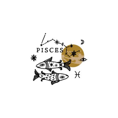 Zodiac Balık Boho büyülü, sıkıntılı sanat sembolü veya etiketi