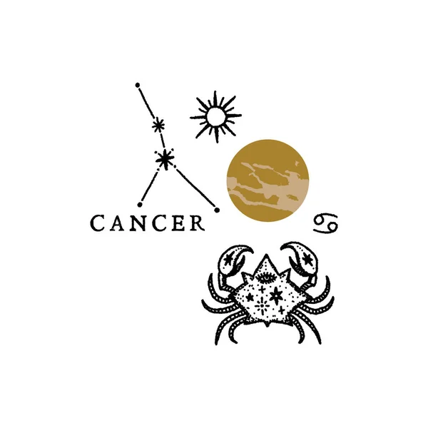 Zodiac Cancer boho mágico vintage angustiado símbolo de arte ou rótulo — Vetor de Stock