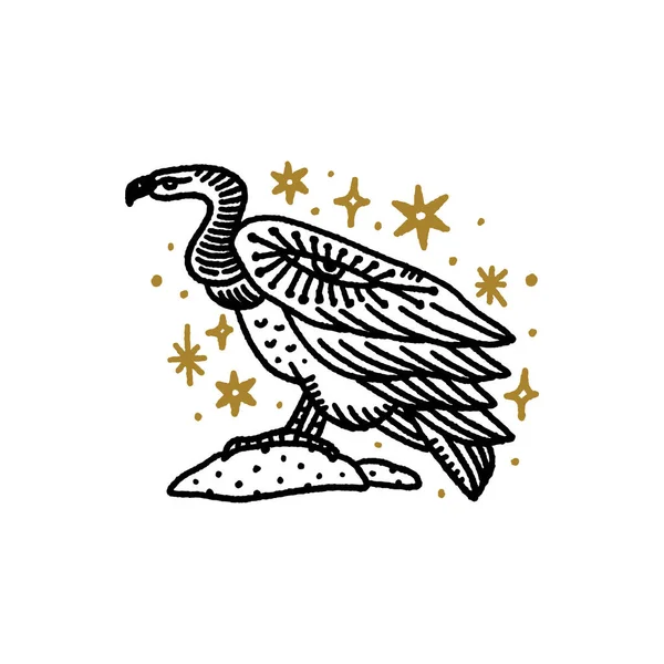 Oiseau vautour boho magique vintage art en détresse symbole ou étiquette — Image vectorielle