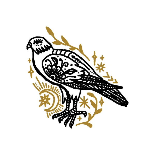 Oiseau boho magique vintage art angoissé symbole ou étiquette — Image vectorielle