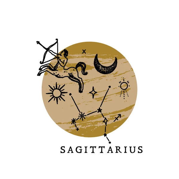 Zodiac Sagittarius boho μαγικό vintage θλιβερό σύμβολο τέχνης ή ετικέτα — Διανυσματικό Αρχείο