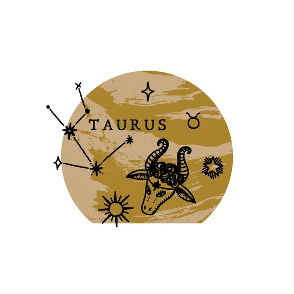 Zodiak Taurus boho magiczny rocznik zagrożona sztuka symbol lub etykieta — Wektor stockowy