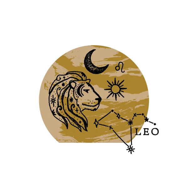 Zodiak Leo boho magiczne vintage zagrożony symbol sztuki lub etykieta — Wektor stockowy