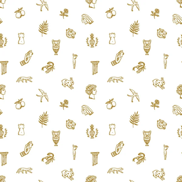 Gyllene sömlösa mönster boho magiska vintage nödställda konst symboler eller etiketter — Stock vektor