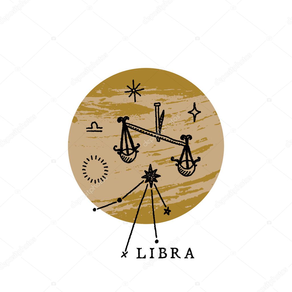 Zodiac Libra boho magical vintage distressed art symbol or label