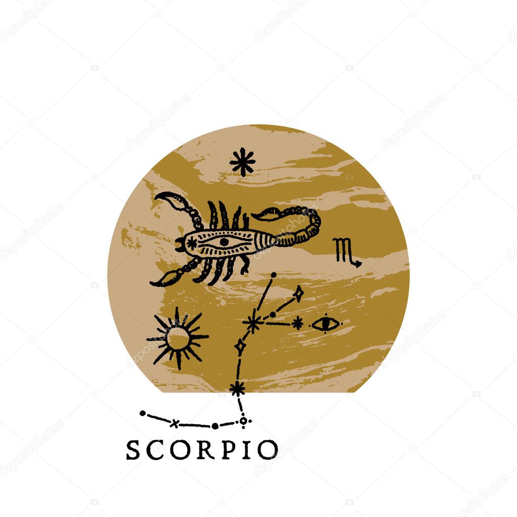 Zodiac Scorpio boho magical vintage distressed art symbol or label