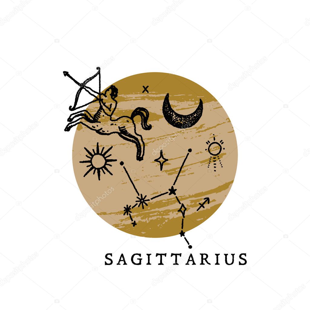 Zodiac Sagittarius boho magical vintage distressed art symbol or label