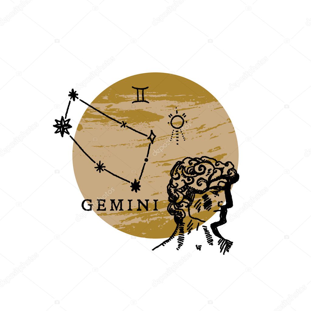 Zodiac Gemini boho magical vintage distressed art symbol or label
