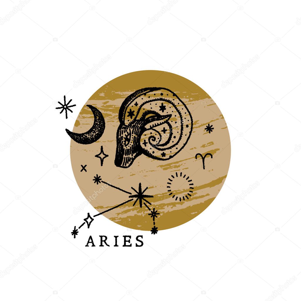 Zodiac Aries boho magical vintage distressed art symbol or label