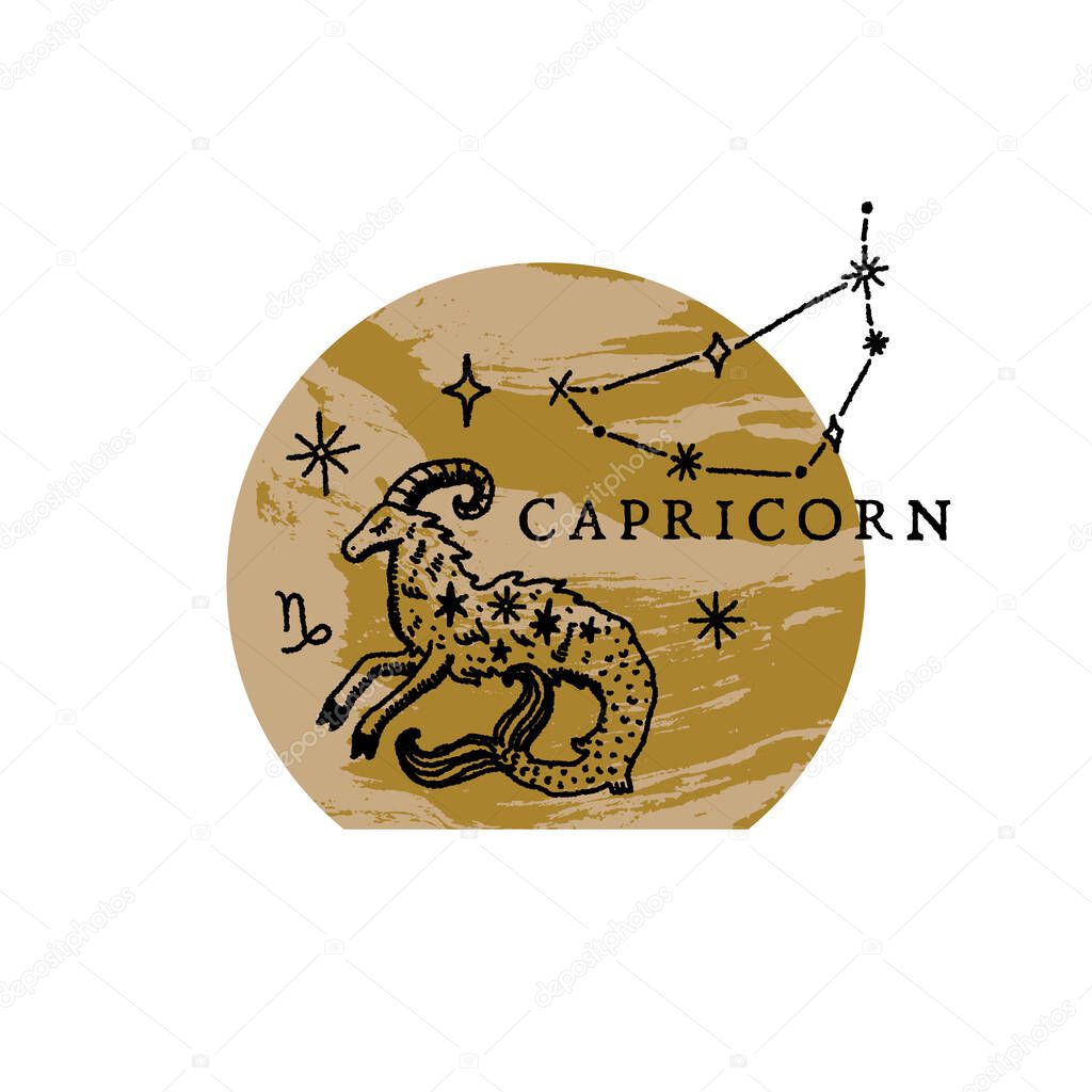 Zodiac Capricorn boho magical vintage distressed art symbol or label