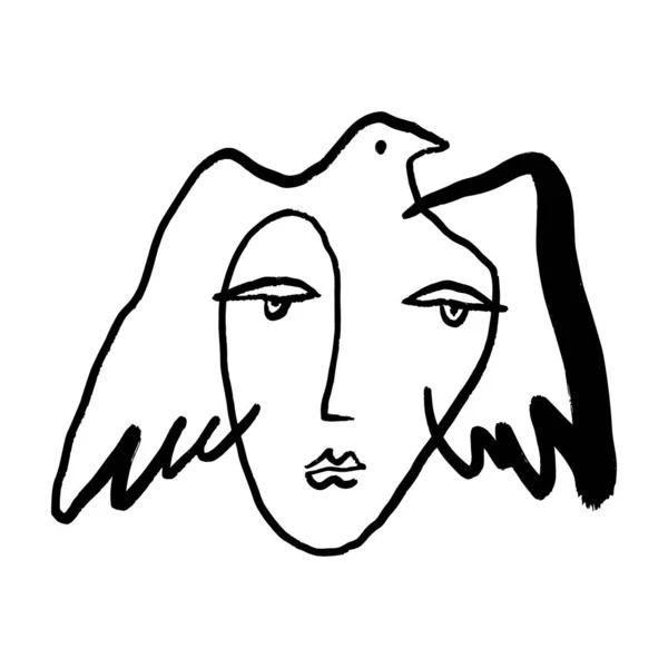 Moderna línea abstracta arte cara mujer retrato silueta, paloma libertad símbolo. — Vector de stock