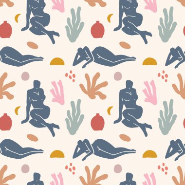 Soyut şekiller kusursuz desenler, tropikal yaz soyut şekilleri, insanlar ve bitkiler.