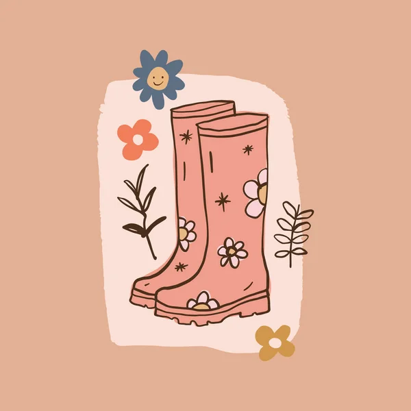 Botas de goma rosa niña jardinería de flores garabato chica arte. — Vector de stock