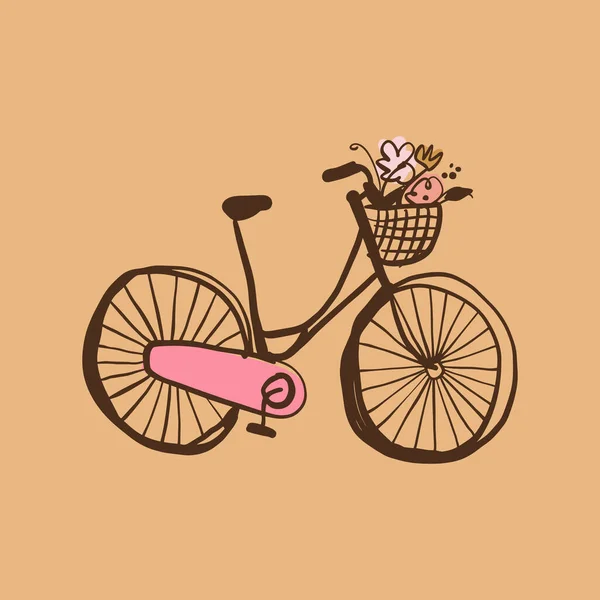 Bicicleta a pie con cesta de flores dibujo impresión de arte. — Vector de stock