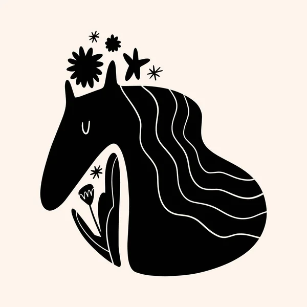 Cute Scandinavian horse art. Folk rural rustic fairytale style, hygge and lagom design. Nordic scandi decor elements. — ストックベクタ