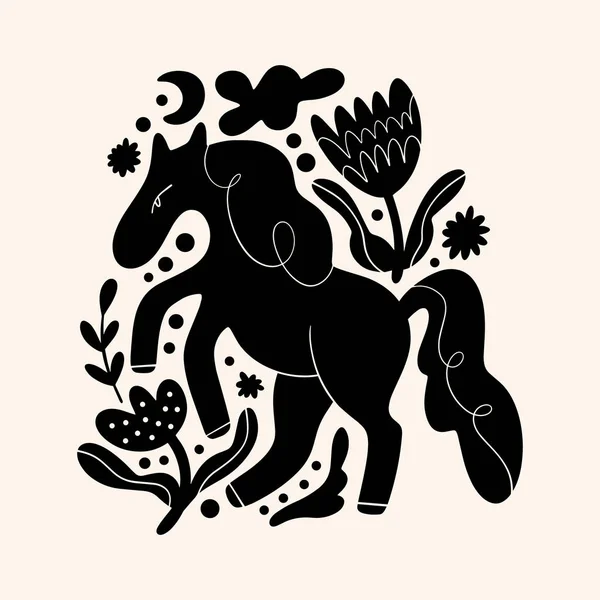 Mignon art du cheval scandinave. Style rustique folklorique de conte de fées, hygge et lagom design. scandale nordique éléments de décoration. — Image vectorielle