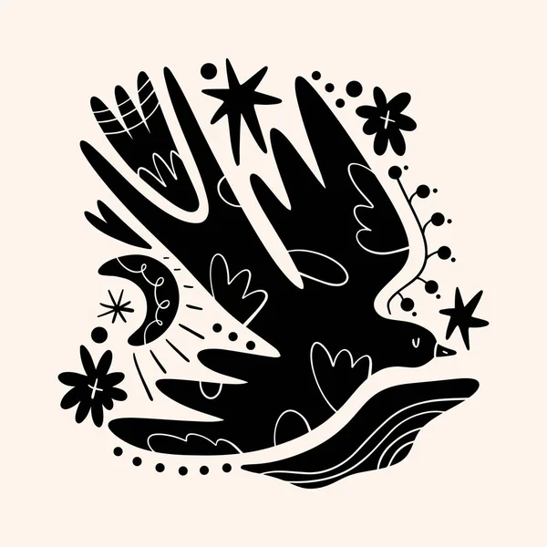 Arte bonito pássaro escandinavo. Estilo de conto de fadas rústico rural popular, design de hygge e lagom. Elementos de decoração escândalo nórdico. —  Vetores de Stock
