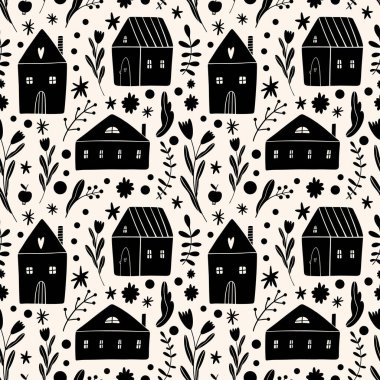 Small whimsical houses seamless pattern. Folk rural rustic fairytale Scandinavian style, hygge and lagom concept. Nordic scandi decor elements. clipart