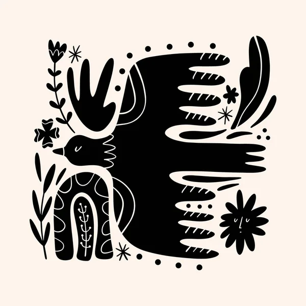 Lindo arte de aves escandinavas. Folk rural rústico estilo de cuento de hadas, hygge y diseño lagom. Escándalos nórdicos elementos decorativos. — Vector de stock