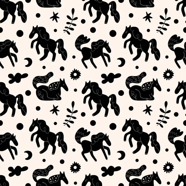 Scandinavian horses and flowers seamless pattern. Scandi folk animals ornament. Nursery rural print. — Stock Vector