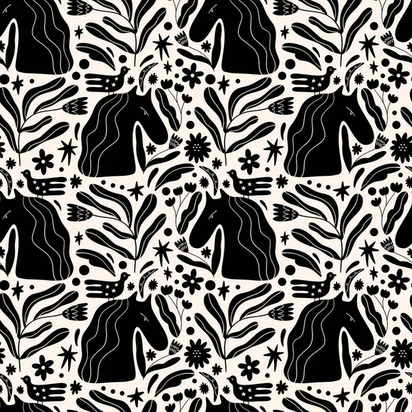 Cavalli scandinavi e fiori modello senza soluzione di continuità. Ornamento di animali popolari Scandi. Vivaio stampa rurale. — Vettoriale Stock