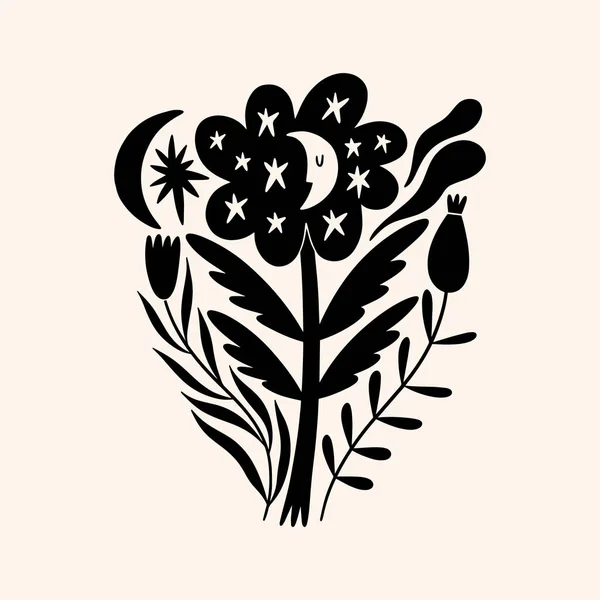 Folk moon flower design. Modern abstract minimalist art print. — Stock Vector