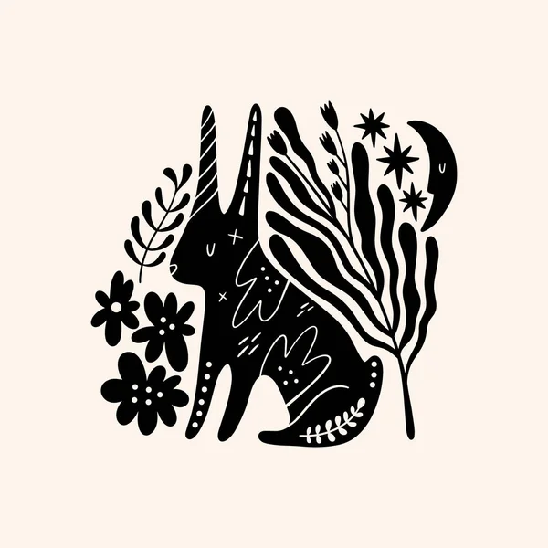 Lièvre ou lapin dessin animal des bois dans le style scandinave rural orné. — Image vectorielle