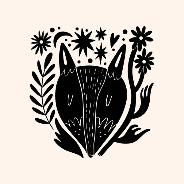 Foxe woodland animal drawing in ornate rural folk scandinavian style. — Stock Vector