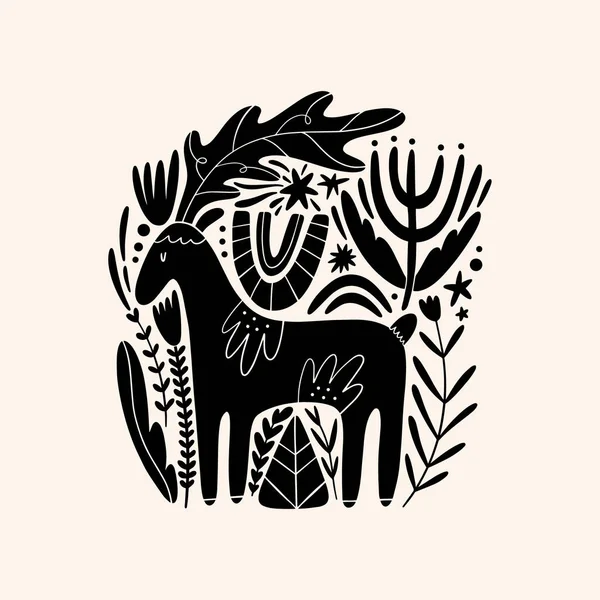Moose or deer woodland animal drawing in ornate rural folk scandinavian style. — Stock Vector