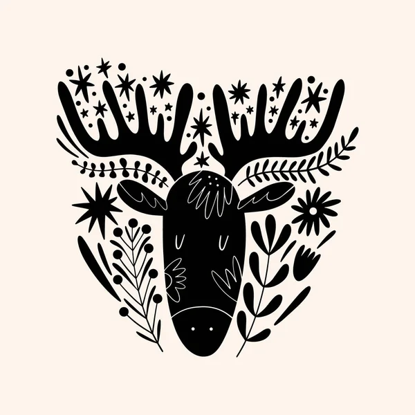 Moose or deer woodland animal drawing in ornate rural folk scandinavian style. — Stock Vector